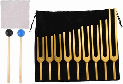 Stemvorkenset 9 Delig - Chakra Stemvorken - Harmonie Creëren - Nauwkeurige Frequentie - 26 cm Lengte - Goud