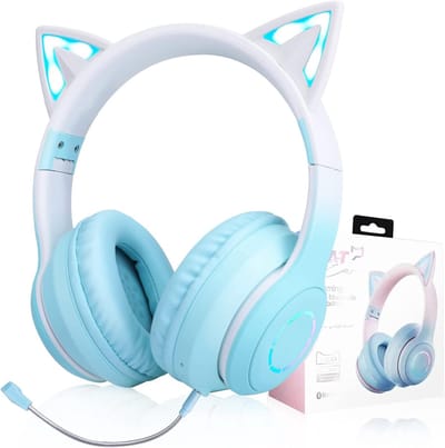 Thijox - Draadloze Kinderhoofdtelefoon met LED-Lichten en Kattenoren, Bluetooth 5.1, Ruisonderdrukkende Microfoon, Opvouwbaar en Verstelbaar, Ideaal v