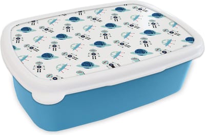 Broodtrommel Blauw - Lunchbox - Brooddoos - Space - Robot - Planeten - Patroon - 18x12x6 cm - Kinderen - Jongen