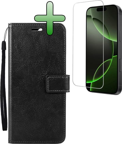 Hoesje Met Screenprotector - Geschikt voor Apple iPhone 16 Pro - Luxe Pasjeshouder - Bookcase Portemonee - Flip Case - Kunstleer Book Case - Flipcase - Book Cover - Walletcase - Portemonneehoes - Zwart