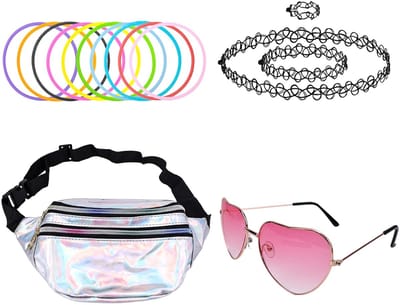 Cosensi - 90s Festival Outfit - Retro Accessoires Set - Inclusief Buiktas - Zilver - Hartvormige Zonnebril - Neon Armbanden - Geschikt voor Feesten...