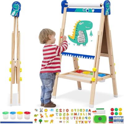Opvouwbaar dubbelzijdig houten kinderspeelbord - Verstelbaar kunstschildersezel - Inclusief papierrol en krijtbord - Rijke accessoires