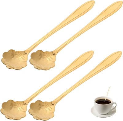 QTTVBTNA - 4 Stuks Koffielepels - Kleine Theelepels met Kersenbloesem Design - RVS - Dessertlepels voor Koffie, Thee en Nagerechten- Theelepels - Elegante Servieslepel met Lange Steel - Keukengerei & Tafeldécor - 12.5x2.6 cm - Gouden