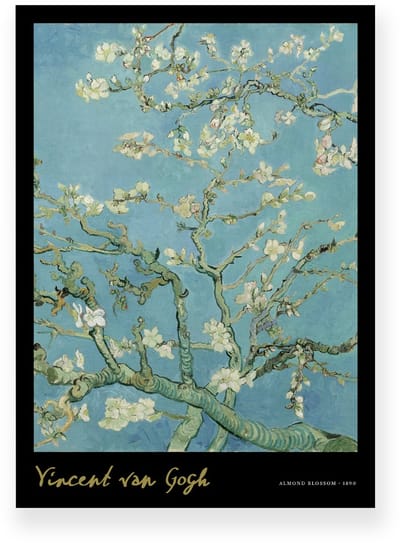 Poster 20x30 cm - Amandelbloesem - Vincent van Gogh - Bloesemtakken - Blauw - Zwart - Postimpressionisme - Botanisch - Muurdecoratie - Wanddecoratie
