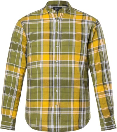 JP 1880 - Heren - Geruit overhemd van linnenmix lange mouwen opstaande kraag - Khakigrønn - Maat 3XL