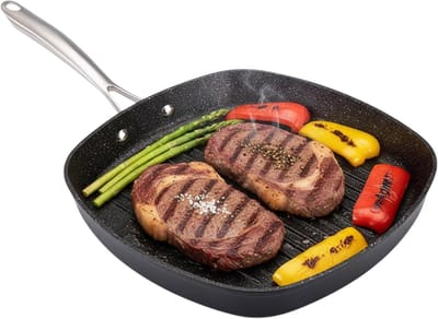 Lomera Grillpan Inductie - 28 CM Grillpan - Anti-Aanbaklaag - PFOA-Vrij - Geschikt voor Alle Warmtebronnen - Ovenbestendig - Ergonomische RVS Handgreep - Krasbestendig - Geperst Aluminium - Zonder Boter Of Olie - Ultra Turbo Inductiebodem