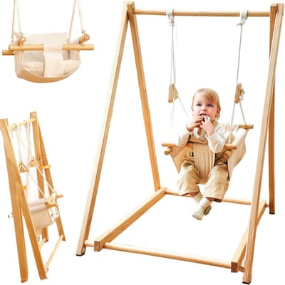 Houten Babyschommel - Met Schommelstoel - 6 tot 36 maanden - Inklapbaar - Baby Swing - Baby - Wipstoel Baby - Baby Zitje - Dennenhout - Houten Speelgoed