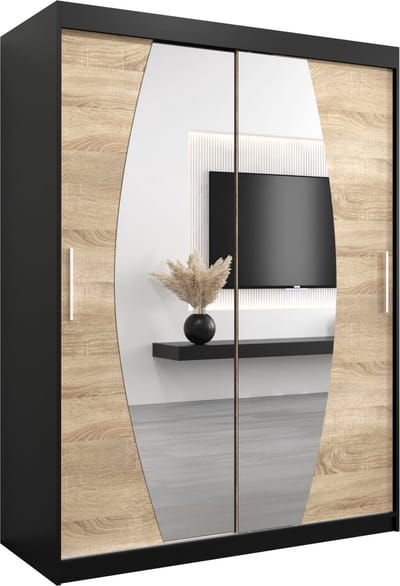 InspireMe - Kledingkast met 2 schuifdeuren, Modern-stijl, Een kledingkast met planken en een spiegel (BxHxD): 150x200x62 - GLOBE 150 Zwart Mat + Sonoma Eik