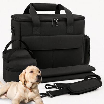 Lomera Reistas Voor Honden - Verstelbare Schouderriem - Opbergvakken Met Ritssluiting - Thermo Voedselcontainers - Uitneembaar Tussenschot - Zwart 600D Oxford - Ruime Opbergmogelijkheden - Ideaal Voor Reizen - Comfortabele Reistas