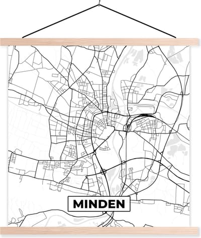 Posterhanger incl. Poster 40x40 cm - Schoolplaat - Minden - Stadskaart - Plattegrond - Kaart - Textielposter - Blanke latten - Stadskaart