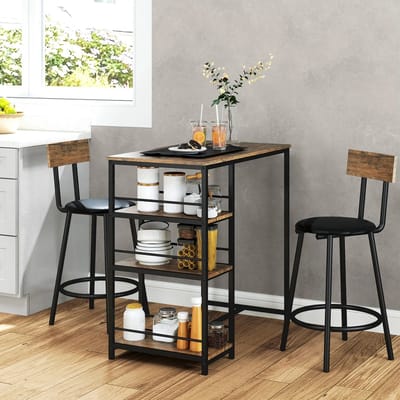 Pugsdrly 3-delige eetset met bartafel en 2 stoelen kleine keukenset met zijplanken MDF metaal zwart