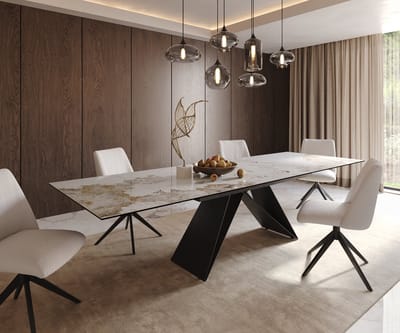Eetkamertafel Edge keramiek Minas Melange wit-beige 200-300x100 V-frame vlak staal zwart uitschuifbaar