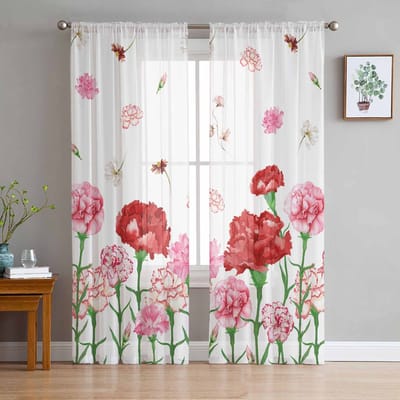 Aquarel Bloemen Roze Rood Anjers Moederdag Tule Raamgordijn voor Slaapkamer Luxe Gordijnen in Woonkamer Chiffon Panelen 135W x 114H(cm) white
