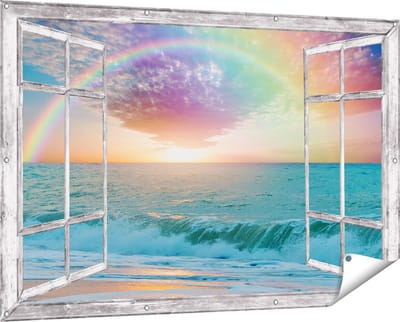 Gards Tuinposter Doorkijk Regenboog in het Water bij het Strand - 150x100 cm - Tuindoek - Tuindecoratie - Wanddecoratie buiten - Tuinschilderij