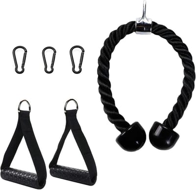 Kabelmachine Accessoires Set - Fitness Touw Handgrepen - Kracht Training - Compleet met Karabijn Haken - 66.5 cm Touw - Zwart