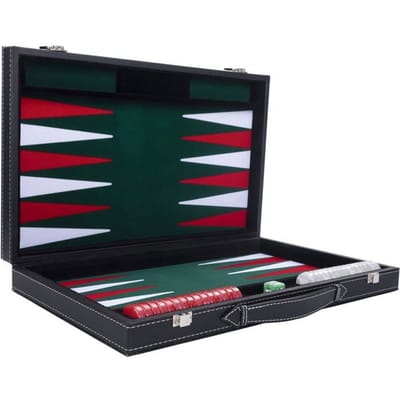 Backgammon 18 inch - Groen, Rood & Wit Ingelegd Bord - Kunstlederen Koffer met Handvat - Engelhart