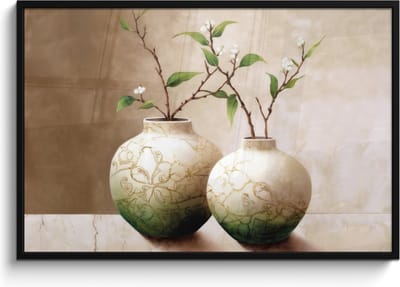 Poster in lijst - Fotolijst 120x80 cm - Posters - Bloemen - Vaas - Wit - Botanisch - Beige - Posterlijst zwart - Wanddecoratie badkamer - Muurdecoratie WC - Decoratieve accessoires - Toilet muur decoratie