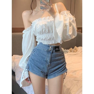 Désir Pur Col Bardot Blouse Femme Bord Agaric Plissé Taille Élastique Slim Taille Haute Nombril Découvert Haut Court Blanc Hotsweet L blanc