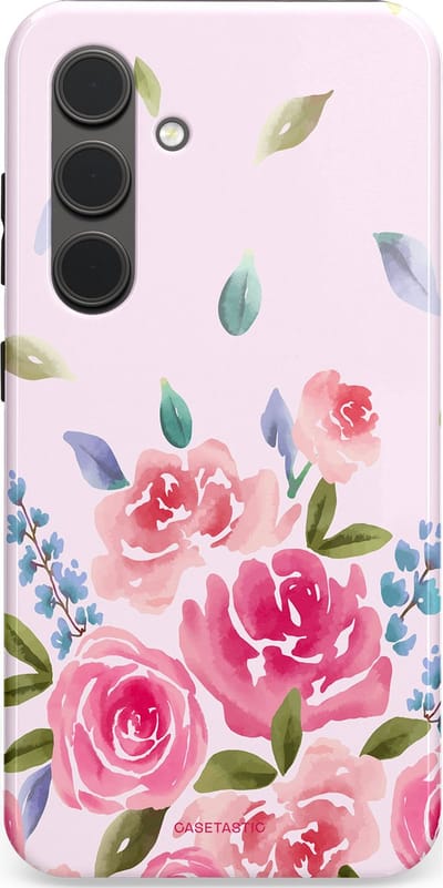 Casetastic hoesje geschikt voor Samsung Galaxy S24 - Dubbellaagse bescherming - Aquarel Bloesem - Fashion Case - Lichtroze Lila Saliegroen