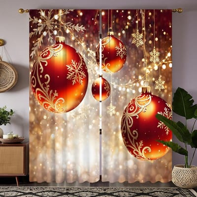2 pièces HD flocon de neige de Noël rouge boule goutte solide rideau décoratif Jaune lien rideau imprimé numérique Style décoration intérieure d W52H63inchW132H160cm brown