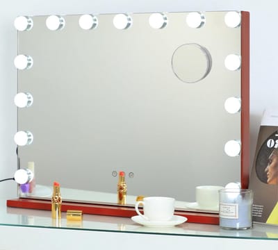 15 dimbare LED gloeilampen make-up spiegel met verlichting - Hollywood Cosmetic tafelspiegel, 10-voudige vergrotingsspiegel - 3 verlichtingsmodi - voor wandmontage en desktop - Rood.
