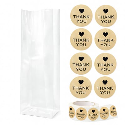 25x Uitdeelzakjes met Thank you hout stickers | Blokbodem | 60 x 50 x 200 mm | Traktatiezakjes | Kinderfeestje | Cellofaanzakjes | Cadeauzakjes | Snoepzakjes | Uitdeelzakjes kinderen | Cadeauzakjes Kinderen | Verpakkingszakjes Uitdeelcadeaus |