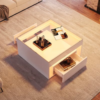 OKWISH Salontafel Met Led Verlichting Met 2 Lades Voor Woonkamer MDF Wit Met Gehard Glas Hoogglans Fronten 70×70×35 Cm
