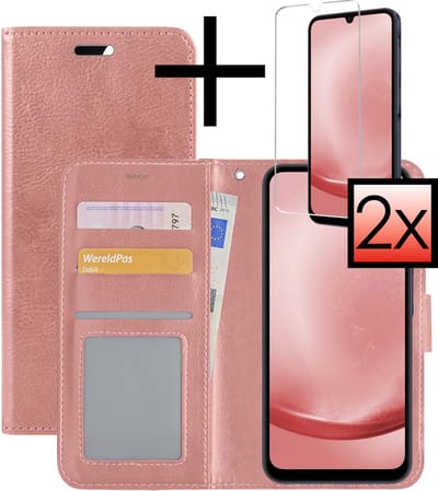 Hoesje - Met 2x Screenprotector - Geschikt voor Samsung Galaxy A25 - Luxe Pasjeshouder - Bookcase Portemonee - Flip Case - Kunstleer Book Case - Flipcase Hoes - Book Cover - Walletcase - Portemonneehoes - Rosé goud