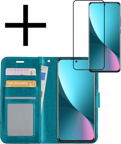 Hoesje - Met Screenprotector - Geschikt voor Xiaomi 12 - Luxe Pasjeshouder - Bookcase Portemonee - Flip Case - Kunstleer Book Case - Flipcase - Book Cover - Walletcase - Portemonneehoes - Turquoise