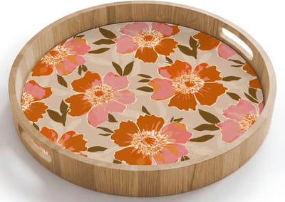 Dienblad rond 40x40 cm - Schootdienblad hout - Bloemen - Motief - Retro - Borrelplank rechthoek - Plateau houten dienbladen