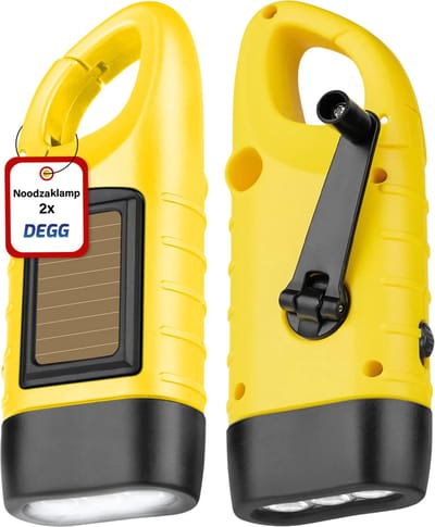 DEGG - 2x Noodzaklamp Solar en Opwindbaar - Zaklamp Zonne energie - Zaklantaarn - Noodpakket - Knijpkat - Noodzaklamp - Noodsituatie - Geel - 2 STUK(S)