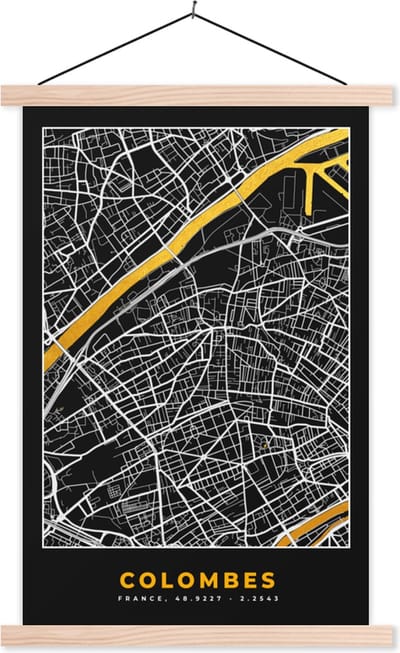 Posterhanger incl. Poster 40x60 cm - Schoolplaat - Colombes - Stadskaart – Plattegrond – Kaart – Frankrijk - Textielposter - Blanke latten - Stadskaart