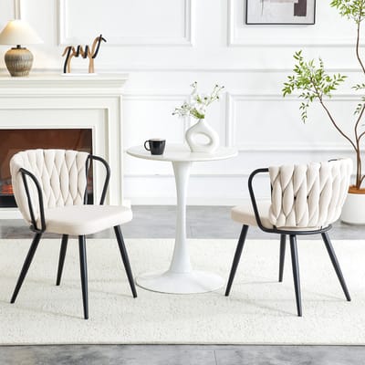 Eetkamerstoel - Modern Fluwelen Design - Met Armleuningen En Geweven Rugleuning - Voor Eetkamer, Woonkamer En Keuken - Beige Zwart