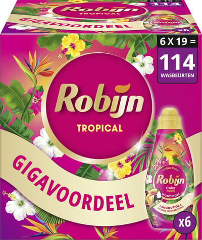 Robijn -Vloeibaar Wasmiddel - Klein & Krachtig - Tropical - 6 flessen - 114 wasbeurten