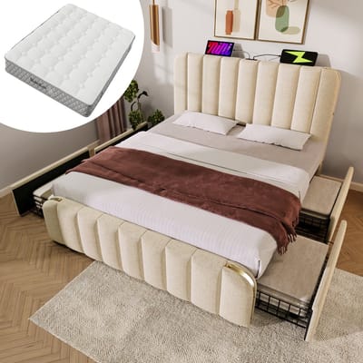 Gutent-Gestoffeerd bed 160x200 cm-gewatteerd hoofdeinde met gouden sierstrepen en USB Type-C oplaadfunctie-inclusief matras