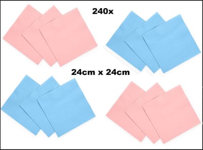 240x Servetten lichtblauw en licht roze 24cm x 24cm - 3 laags - Cocktail servet diner eten knoeien restaurant BBQ thema feest verjaardag feest WK