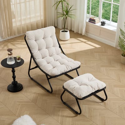 Ligstoel - Hangstoelachtig ontwerp - Fauteuil & Poef Set - Ontspanningsstoel - Relaxstoel - Loungestoel - Comfortabele TV-stoel - Wit