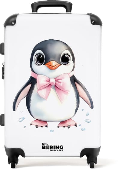 NoBoringSuitcases.com® - Kinderkoffer meisje - Kindertrolley meisjes - Pinguïn met roze strik en ijsdruppels - Koffer kind groot - Rolkoffer lichtgewicht - Reiskoffer met 4 wielen - Grote trolley XL - 20 kg bagage