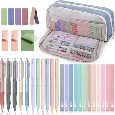 Complete Aesthetic Stationery Set met 12 Kleurenmarkers, 6 Kleurpennen, 5 Zwarte Pennen, 5 Magnetische Boekenleggers en 3 Plaknotities voor Schoolbenodigdheden en Creatief Gebruik