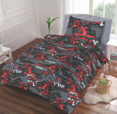 Kinderdekbedovertrek -Raceauto-Rood-Antraciet-Eenpersoons -140 x 220-cm + 1 kussensloop 60x70cm