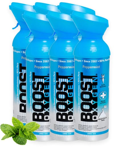 Boost Oxygen - Large 9L - Peppermint - 95% Pure Zuurstof - Tot wel 1200 inhalaties van 1 sec - Ademhalingsondersteuning voor sport herstel, hoogte, prestaties en gezondheid - Zuurstoffles - 6x 9L (6 pak, 54L totaal)