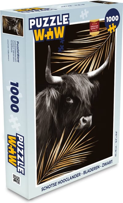 Puzzel Schotse hooglander - Bladeren - Zwart - Legpuzzel - Puzzel 1000 stukjes volwassenen
