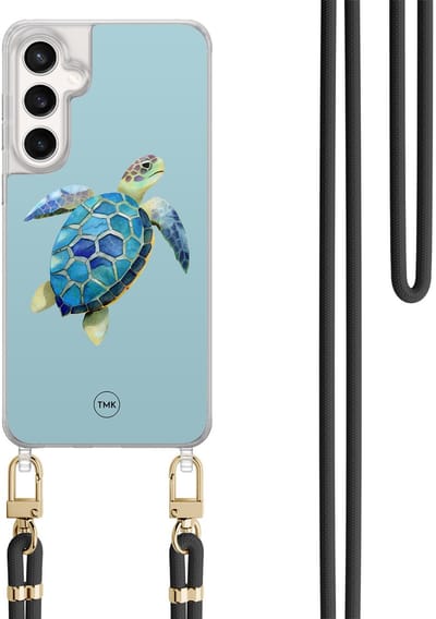 Telefoonhoesje met koord geschikt voor Samsung S24 FE - Schildpad - Inclusief Zwart koord - Transparant, Blauw - Print - Crossbody beschermhoes - Met Telefoonketting