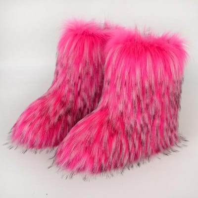 Dames Faux Fur Laarzen Winter Pluizige Pluche Warme Middenkuit Sneeuwlaarzen Luxe Mode Furry Laarzen Comfortabele Outdoor Platte Schoenen 36 pink