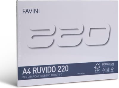 Favini® – Tekenblok A4 – 20 Vellen – Wit – 220 g/m² – Ruw Oppervlak – Voor Potlood, Houtskool & Pastel – FSC – Gemaakt in Italië