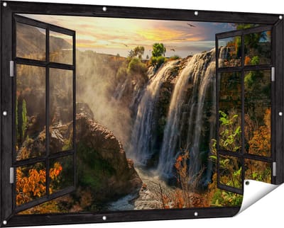 Gards Tuinposter Doorkijk Watervallen vanaf de Kliffen - 150x100 cm - Tuindoek - Tuindecoratie - Wanddecoratie buiten - Tuinschilderij