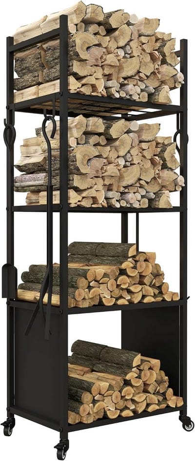 Stijlvol en Functioneel Houtopslagrek met Rollen - 45 x 30 x 118 cm