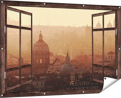 Gards Tuinposter Doorkijk Rome Stad bij Zonsopgang - 150x100 cm - Tuindoek - Tuindecoratie - Wanddecoratie buiten - Tuinschilderij
