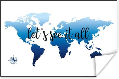 Poster 30x20 cm - Wereldkaart - Blauw - Kompas - Posters - Kamer decoratie - Wanddecoratie woonkamer - Muurdecoratie slaapkamer