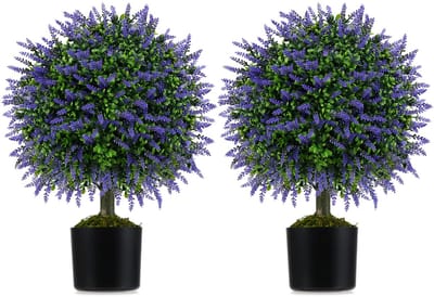 COSTWAY Kunstplanten, 2 stuks, 58 cm, buxus met lavendelbomen in paars en bladeren, kunstboom met pot, decoratieve plant, vormgesneden, kamerplant in bolvorm, balboom voor thuis en kantoor, groen